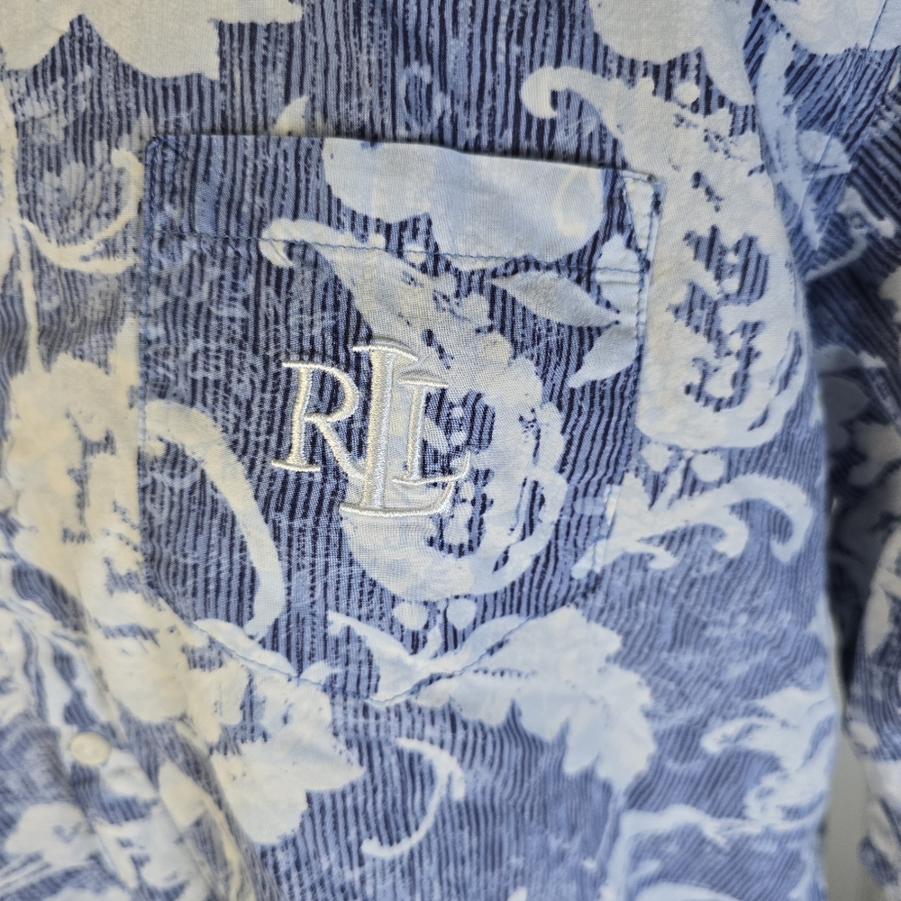 Floral Blue White Lauren Ralph Lauren Button Front Womens Shirt L - Picture 7 of 11